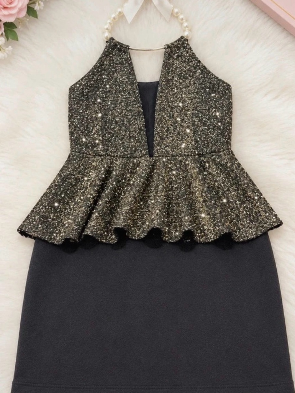 Sparkle Peplum Party Dress - Black and Gold